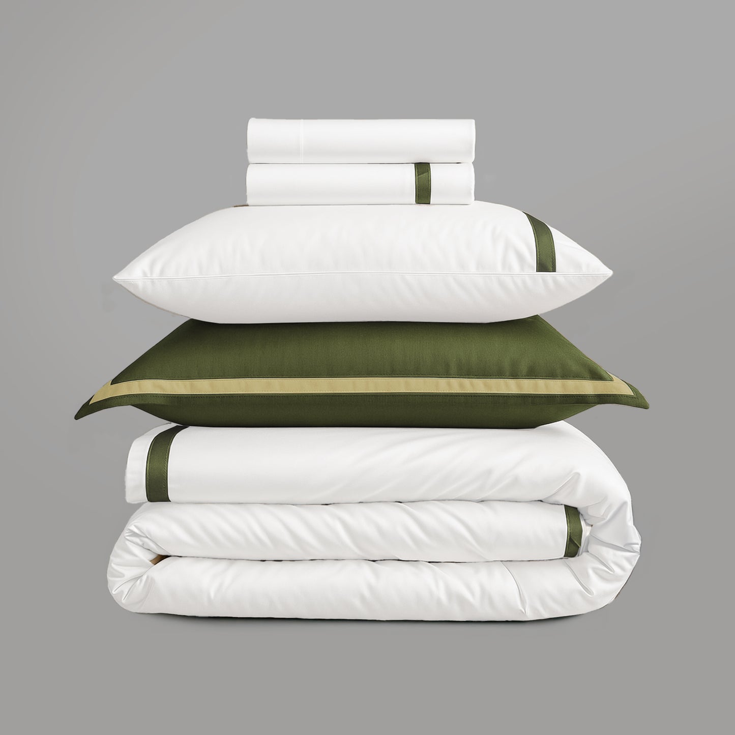 800 Thread Count Egyptian Cotton Heiress Bedding Set - White and Olive Green