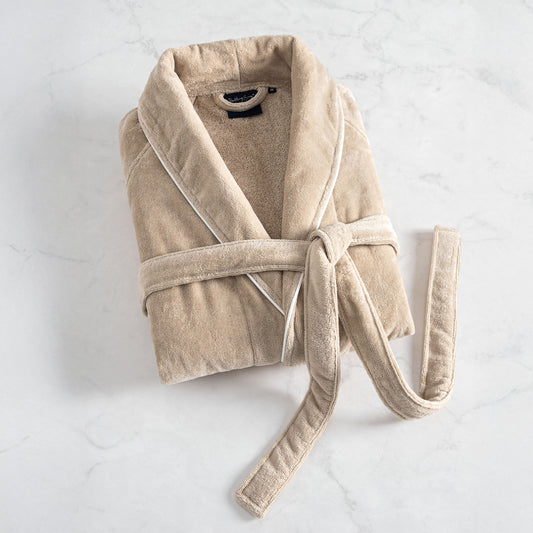 Harrow Cotton Bathrobe - Doeskin with White Pipping