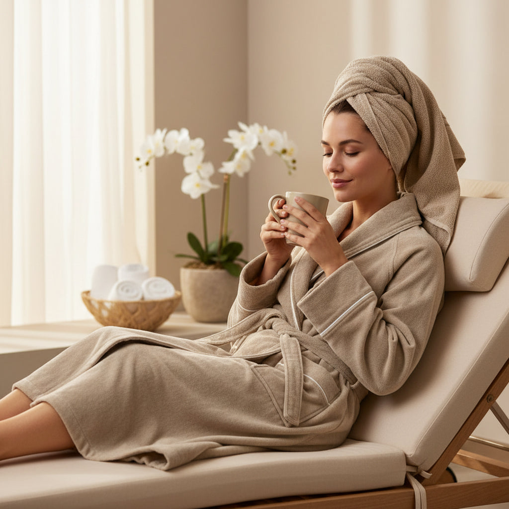 Harrow Cotton Bathrobe - Doeskin with White Pipping