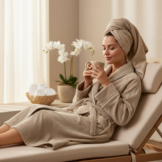 Harrow Cotton Bathrobe - Doeskin with White Pipping