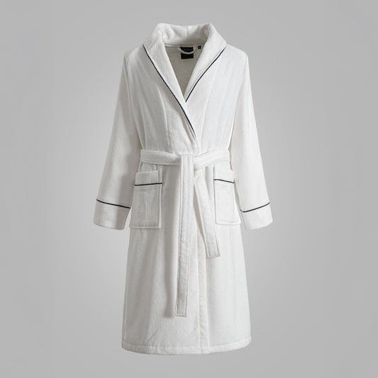 Harrow Cotton Bathrobe - White with Maritime Blue Pipping