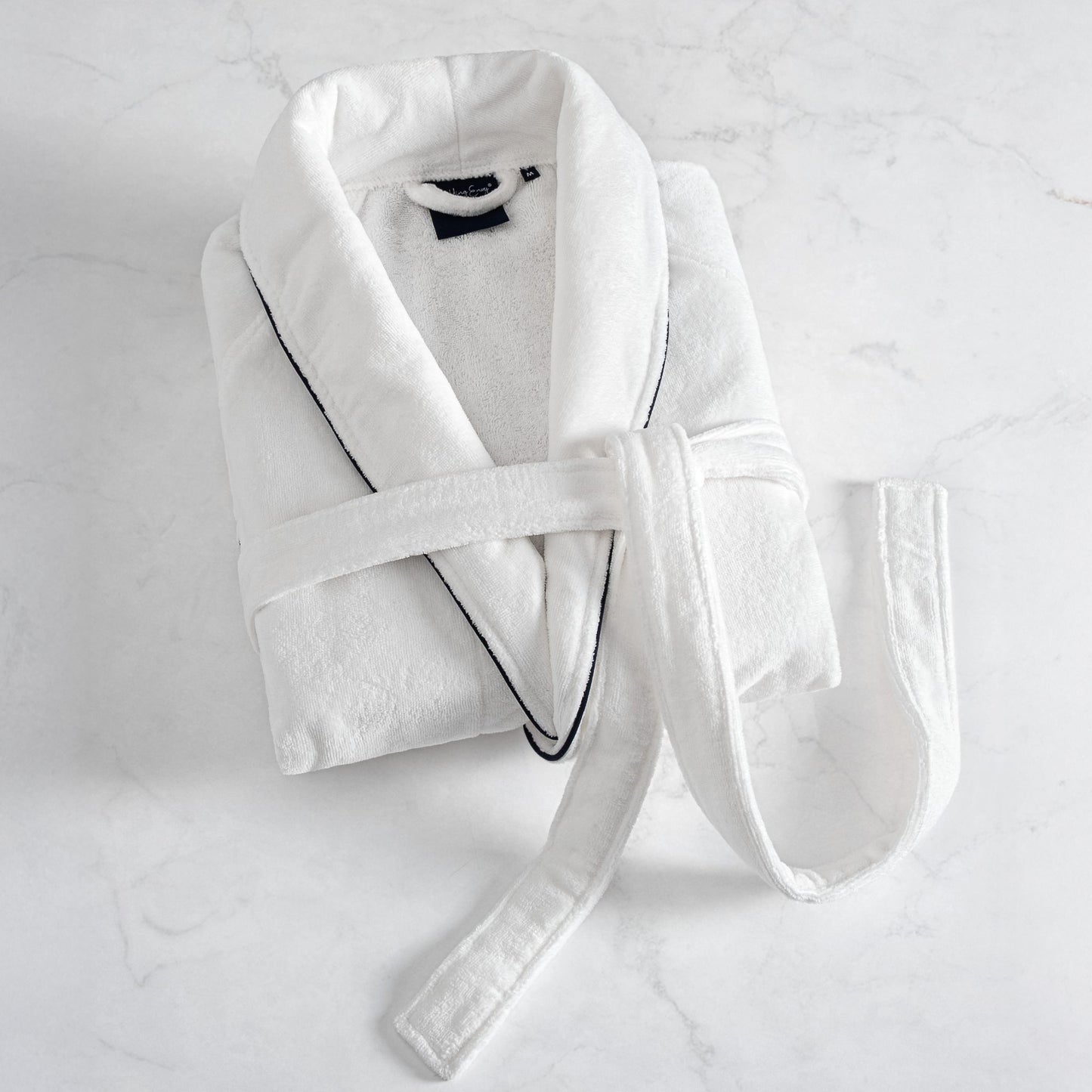 Harrow Cotton Bathrobe - White with Maritime Blue Pipping