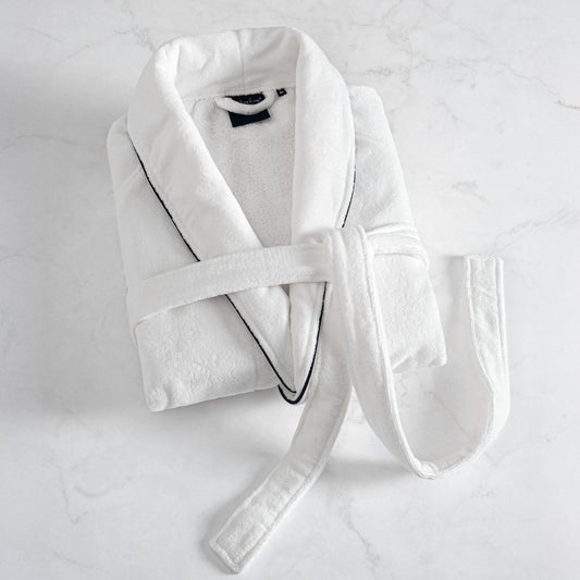 Harrow Cotton Bathrobe - White with Maritime Blue Pipping