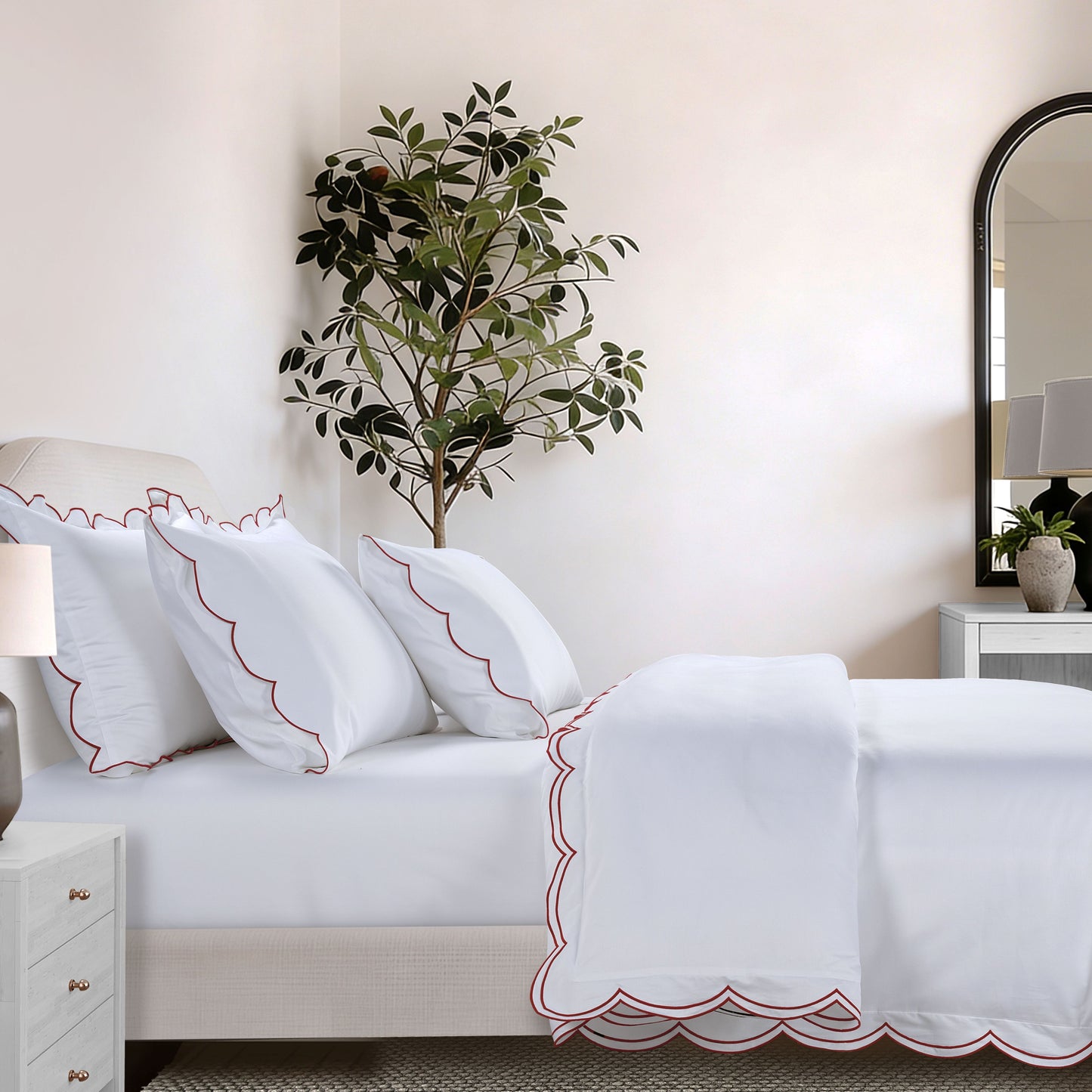 800 Thread Count Egyptian Cotton Sophie Bedding Set - Brilliant White and Dark Burgundy