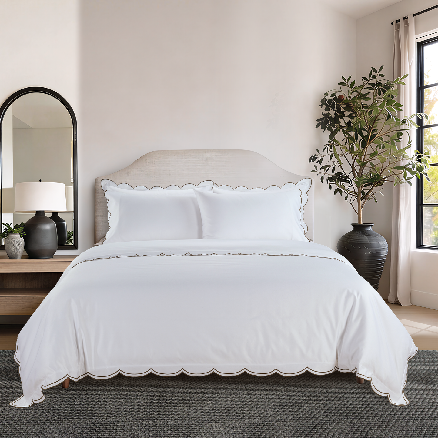800 Thread Count Egyptian Cotton Sophie Bedding Set - Brilliant White and Olive Green
