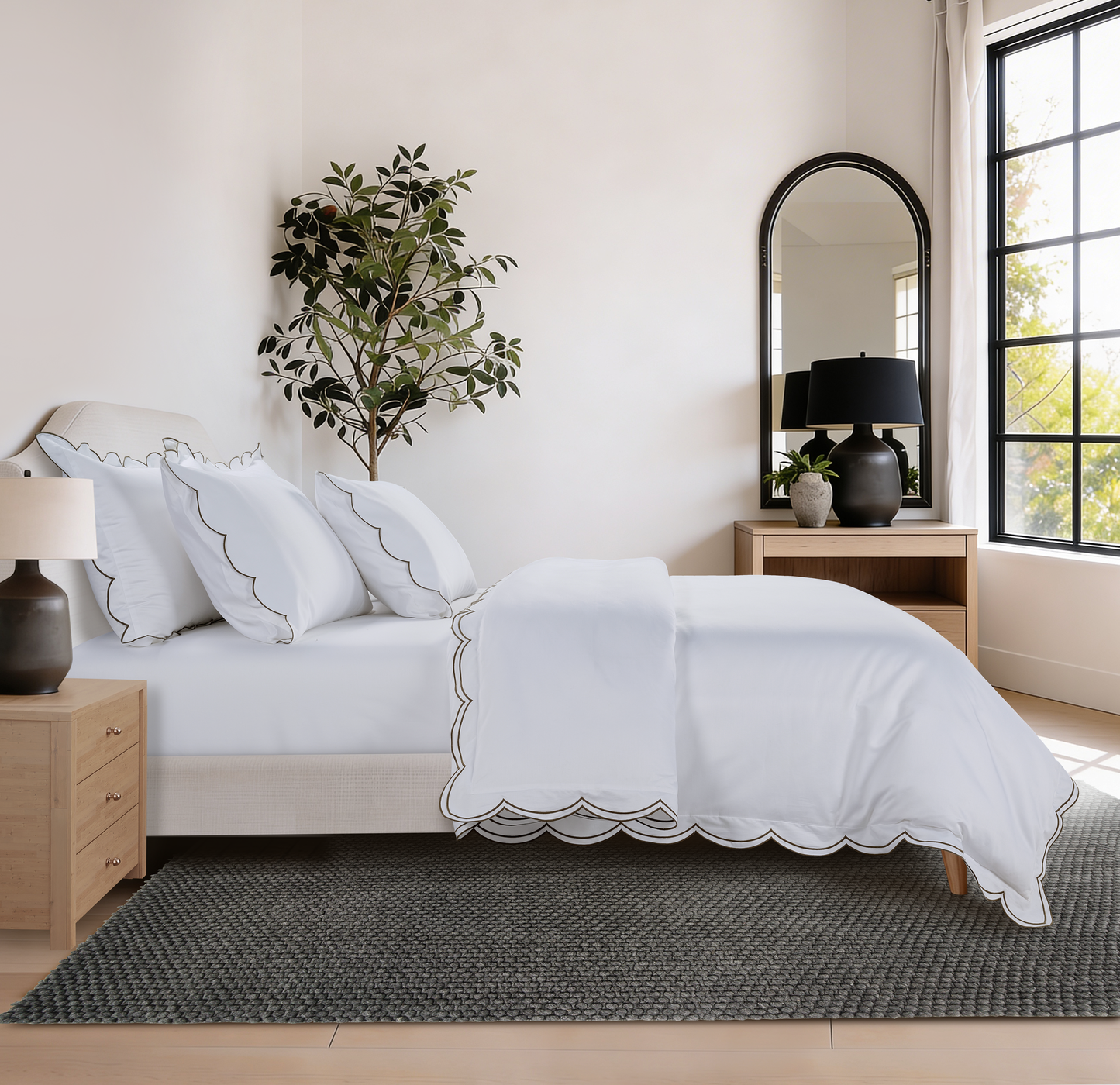 800 Thread Count Egyptian Cotton Sophie Bedding Set - Brilliant White and Olive Green