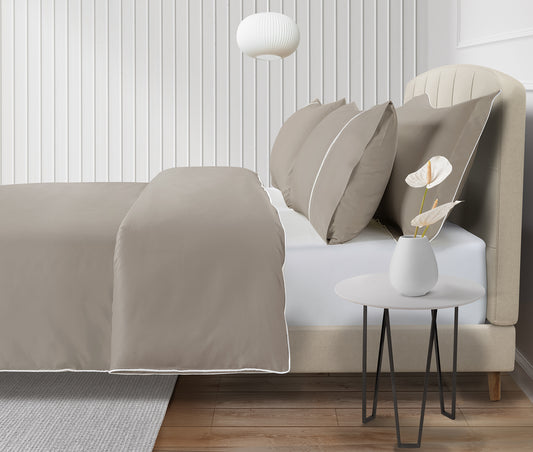 300 Thread Count Viscount of Bliss Percale  Duvet Cover - Simply Taupe with Brilliant White Accent