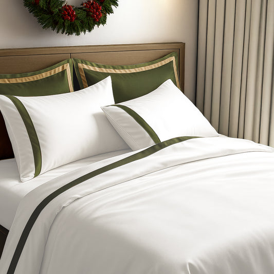 800 Thread Count Egyptian Cotton Heiress Bedding Set - White and Olive Green