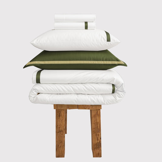 800 Thread Count Egyptian Cotton Heiress Bedding Set - White and Olive Green