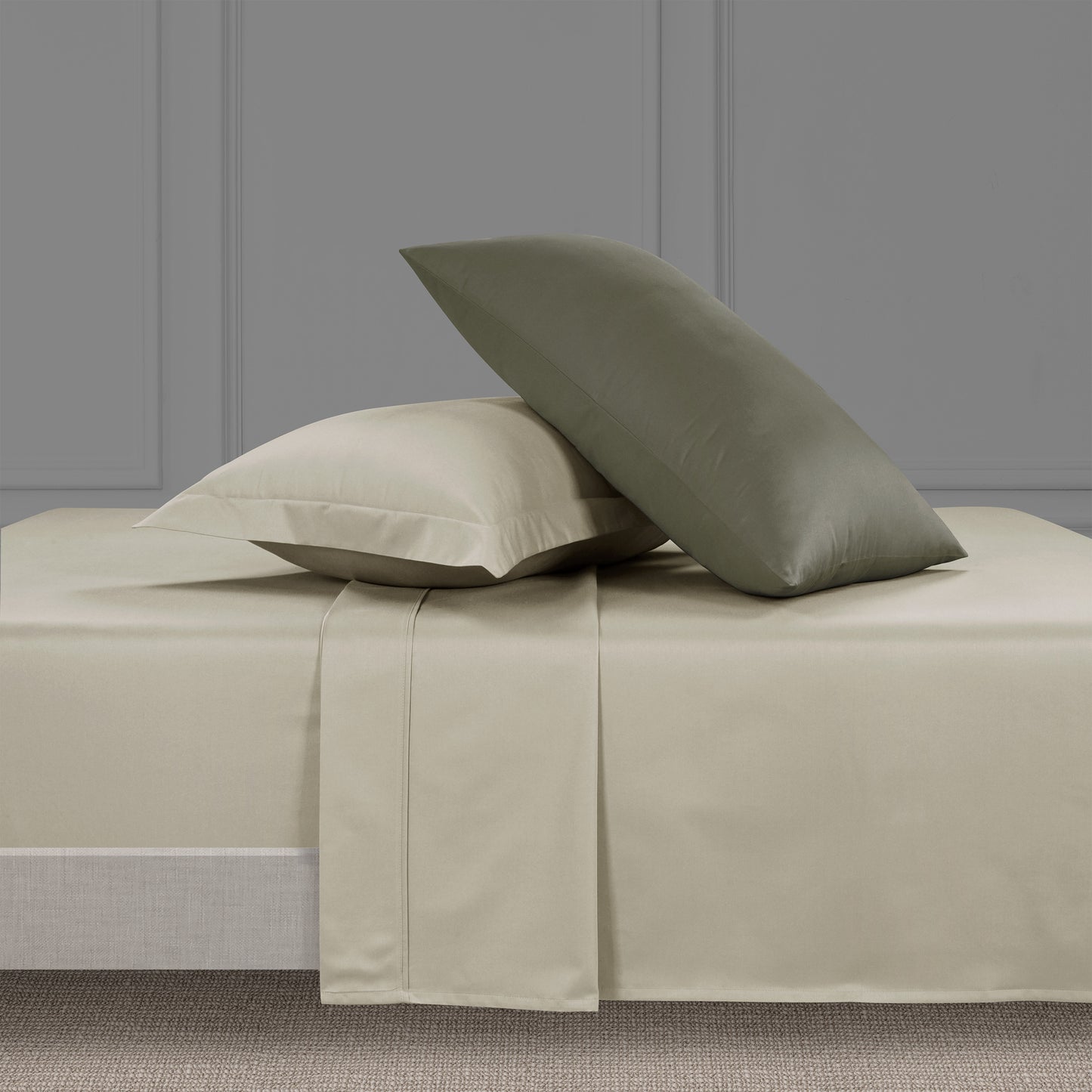 300 Thread Count Peaceful Empress Sheet Set - Sage Green with Oatmeal Bedding